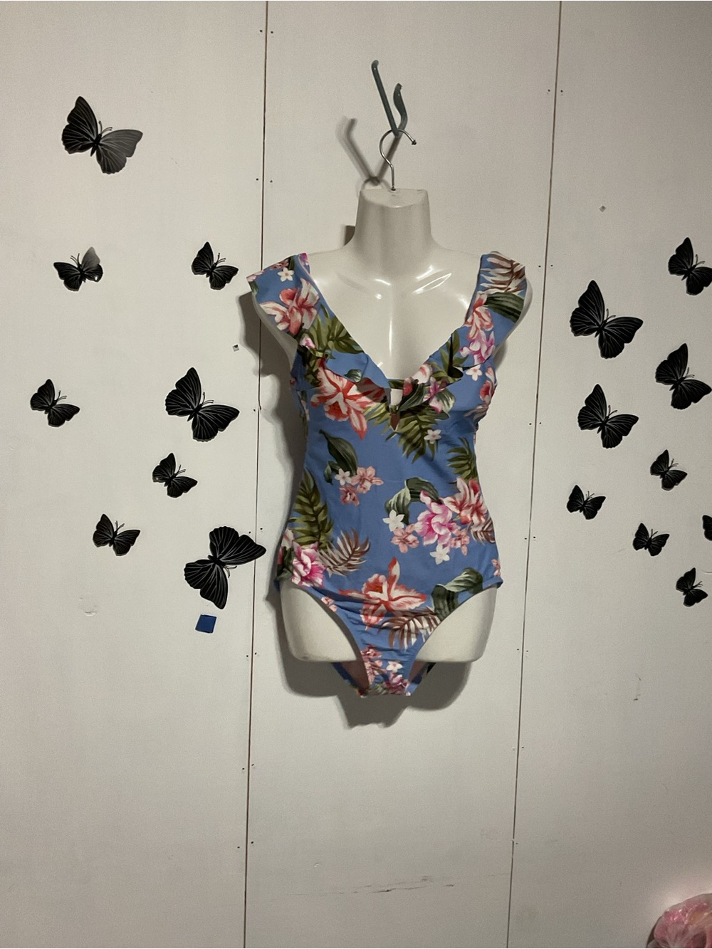 Blue Floral Ruffle One-Piece Swimsuit
